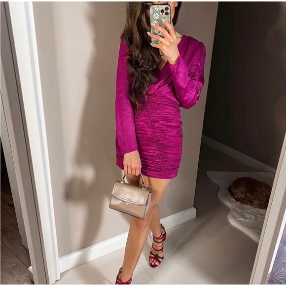 ZARA BLOGGER FAVORITE SATIN EFFECT PRINT DRESS FUCHSIA - Picture 7 of 14